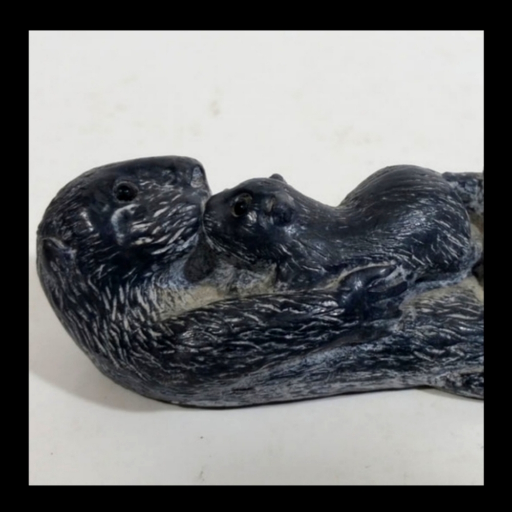 Wolf Original Signed Mother Otter & Baby Otter Sculpture Hand Carved Soapstone